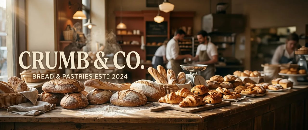Wide bakery banner reading CRUMB & CO. and Bread & Pastries Estd 2024 over a counter of loaves and croissants, with bakers working on the right, by Nano Banana 2.1