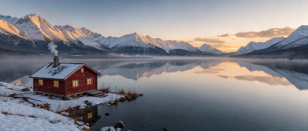 Ultra-wide view of a red cabin beside a still alpine lake at sunrise with mist and snowy peaks reflected, by FLUX 3 Klein