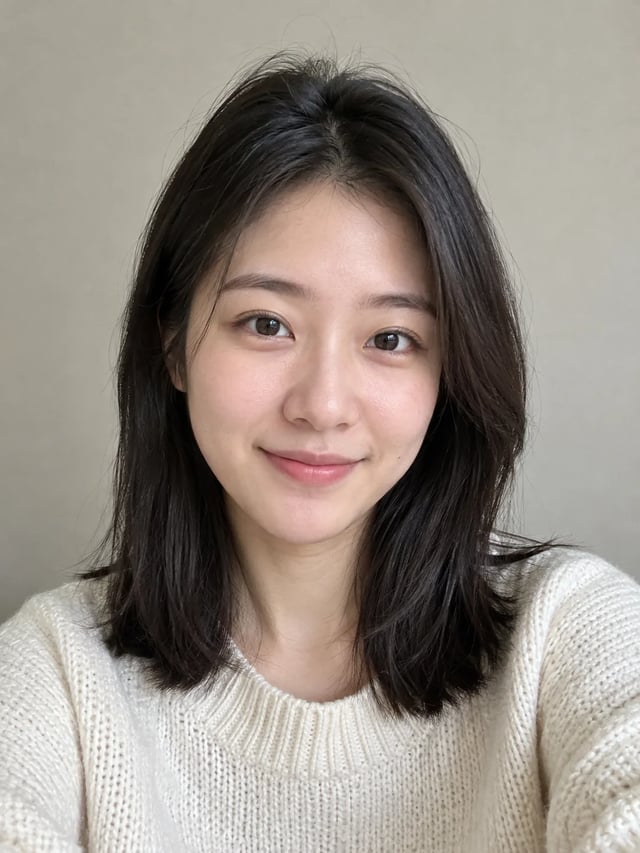 Plain selfie of a smiling young woman with shoulder-length dark hair in a cream sweater