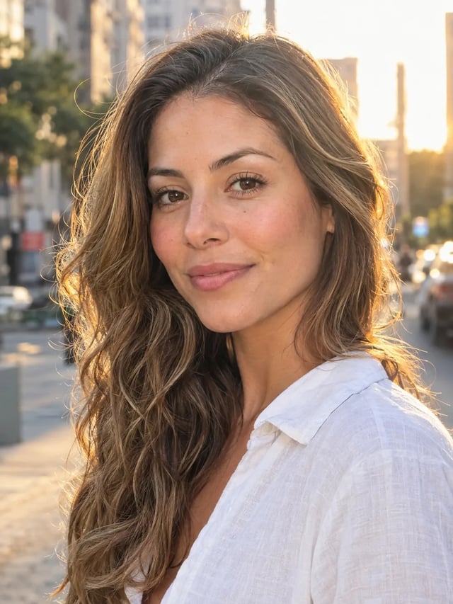 Selfie d'une femme souriante aux longs cheveux bruns ondulés, en chemise blanche dans une rue ensoleillée