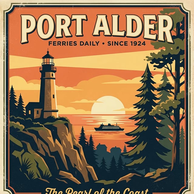 Framed screen-print poster reading PORT ALDER and FERRIES DAILY • SINCE 1924, with a lighthouse on a cliff, pine trees, a ferry at sunset and a cut-off third line at the bottom, by Nano Banana 2.1