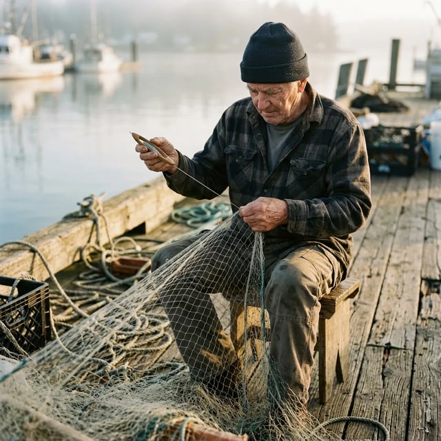 Elderly fisherman in a beanie and flannel shirt mending a net on a wooden dock, misty harbor and boats behind him, by Nano Banana 2.1