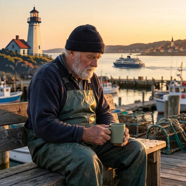 Fisherman holding a sage green mug on a harbor bench, combined from three photos by Nano Banana 2.1