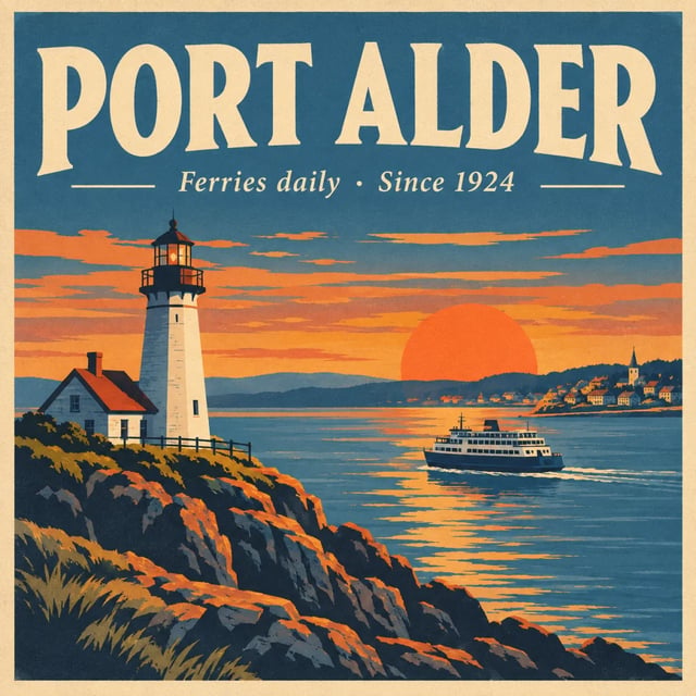 Pôster de viagem com o título PORT ALDER, a linha Ferries daily · Since 1924, um farol branco num penhasco e uma balsa ao pôr do sol, feito pelo GPT Image 2.5 Flare