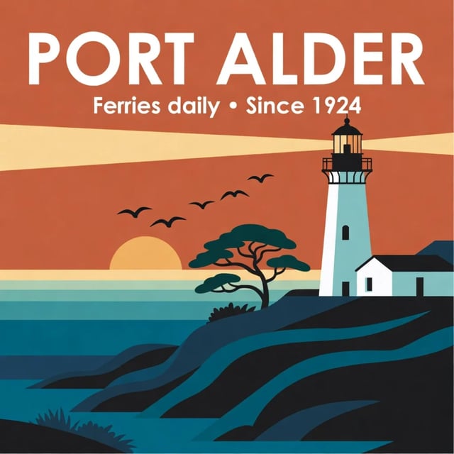 Pôster chapado e marcante com PORT ALDER e Ferries daily · Since 1924, um farol com uma casinha e pássaros contra um céu laranja, feito pelo Grok Imagine