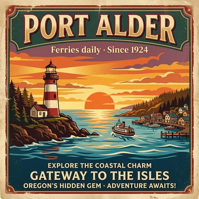 Pôster de viagem com PORT ALDER e Ferries daily · Since 1924, um farol de listras vermelhas e as linhas extras Gateway to the Isles e Oregon's Hidden Gem, feito pelo Nano Banana 2