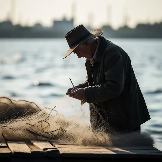 Pescador em contraluz, de chapéu de aba larga, curvado sobre uma rede embolada num cais à beira d'água, feito pelo Grok Imagine