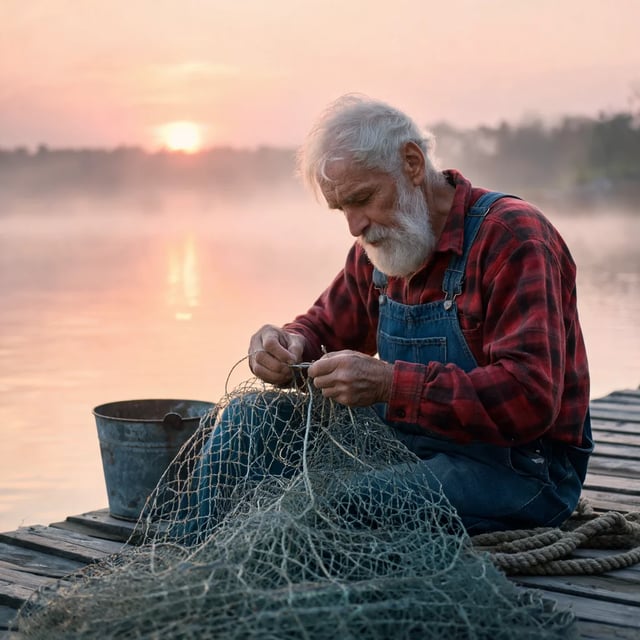 Pescador idoso de barba branca e camisa xadrez consertando uma rede num cais, sob um nascer do sol rosado e enevoado, feito pelo Seedream 5 Lite