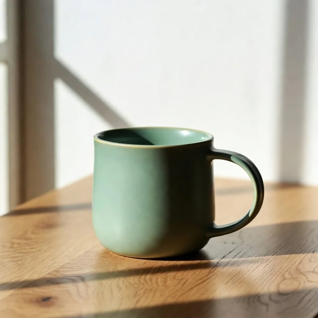 Caneca verde-sálvia de borda brilhante sobre uma mesa de carvalho, com sombras fortes de janela, feita pelo Grok Imagine