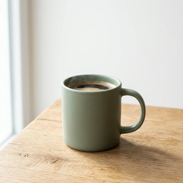 Caneca verde-sálvia cheia de café no canto de uma mesa de carvalho perto da janela, feita pelo Nano Banana 2