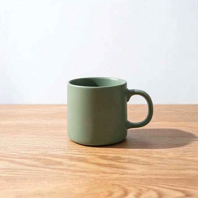 Caneca pequena verde-sálvia fosca sobre uma mesa de carvalho, com a sombra caindo para a direita, feita pelo Seedream 5 Lite