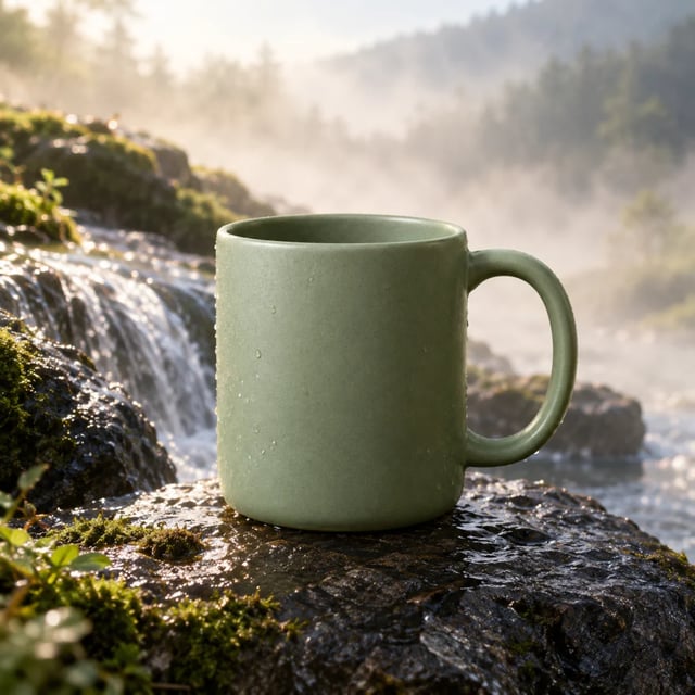 A caneca verde-sálvia, agora com gotas d'água, sobre uma pedra molhada ao lado de uma pequena cachoeira na névoa da manhã, feita pelo GPT Image 2.5 Flare