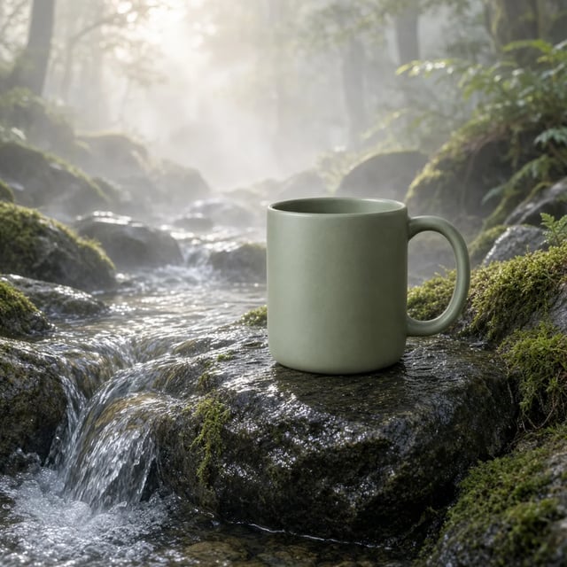 Uma caneca verde-sálvia menor sobre uma pedra com musgo num riacho com névoa, feita pelo Grok Imagine