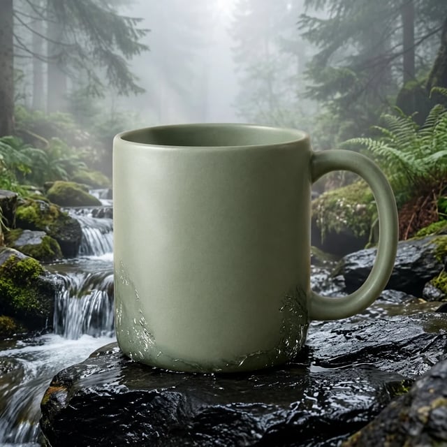 A caneca verde-sálvia sobre uma pedra preta molhada num riacho de floresta com névoa, feita pelo Nano Banana 2