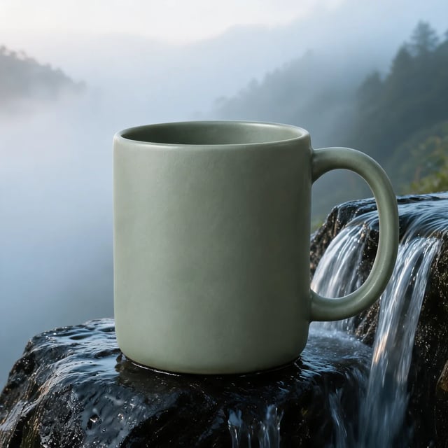 A caneca verde-sálvia sem alterações, sobre uma pedra molhada com uma cachoeira correndo ao lado e névoa ao fundo, feita pelo Seedream 5 Lite
