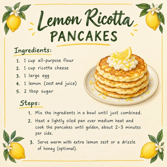 Cartão de receita Lemon Ricotta Pancakes feito pelo GPT Image 2