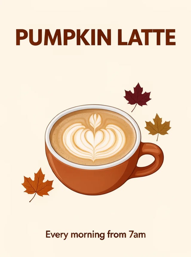 Cream cafe poster reading PUMPKIN LATTE above a latte cup with maple leaves and Every morning from 7am at the bottom, by FLUX 3 Klein