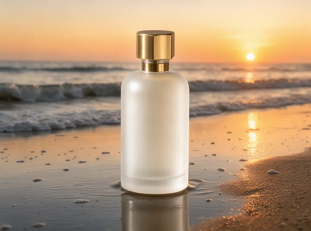 The same frosted perfume bottle standing on wet sand with waves and a low sun behind it, edited by FLUX 3 Klein