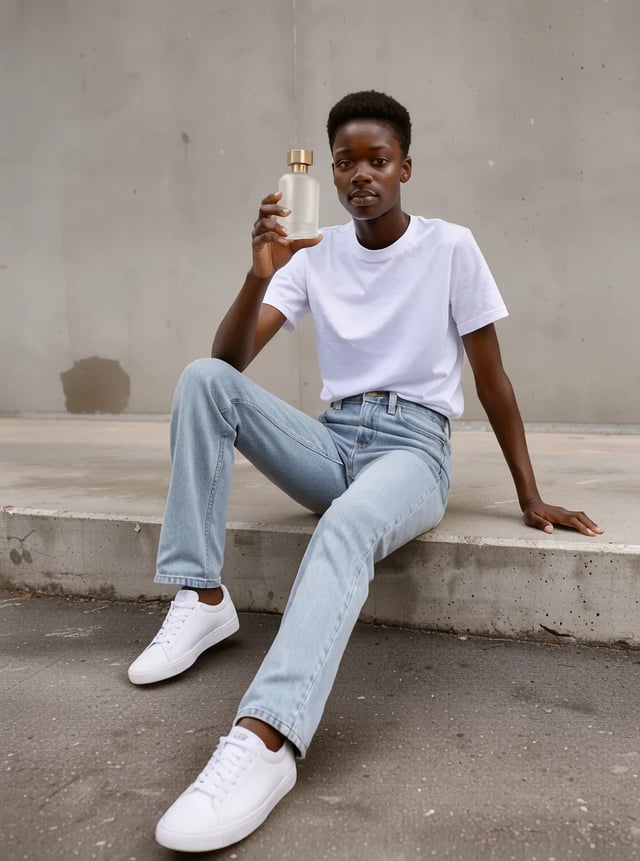 The model from the catalog photo holding the frosted perfume bottle up beside their face on the same concrete step, combined by FLUX 3 Klein