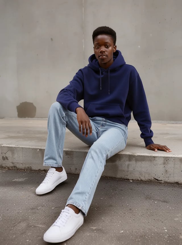 The same model and pose on the concrete step, now wearing a navy hoodie, edited by FLUX 3 Klein