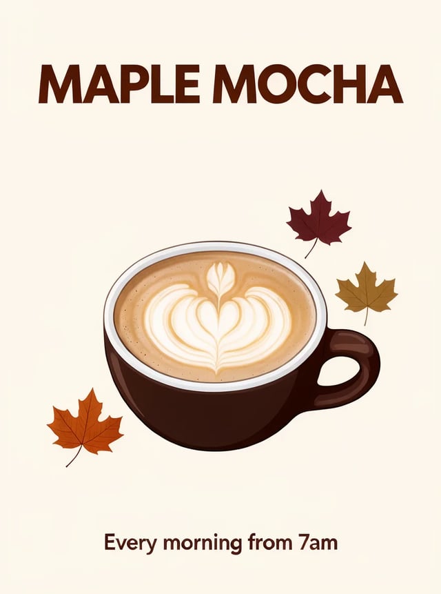 The same cafe poster now reading MAPLE MOCHA with a dark brown cup, leaves and bottom line unchanged, edited by FLUX 3 Klein