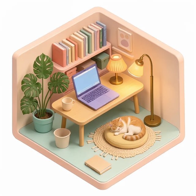 Pastel isometric 3D room with a desk, laptop, monstera, bookshelf, lamps and a cat asleep on a cushion, by FLUX 3 Klein