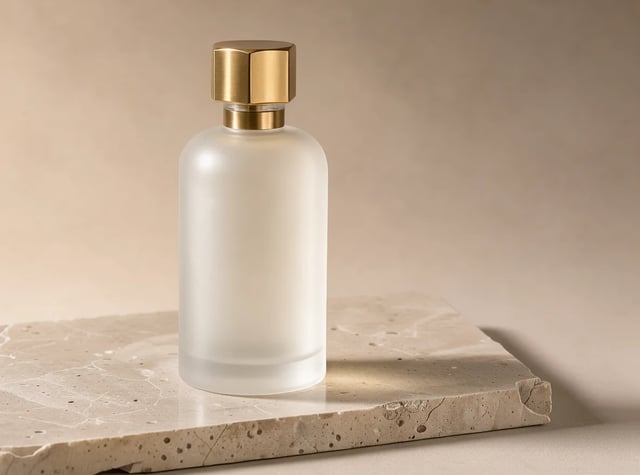 Frosted glass perfume bottle with a faceted brass cap on a travertine slab in soft side light, by FLUX 3 Klein