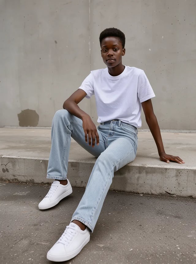 Model sitting on a concrete step in a white t-shirt, light blue jeans and white sneakers against a grey wall, by FLUX 3 Klein