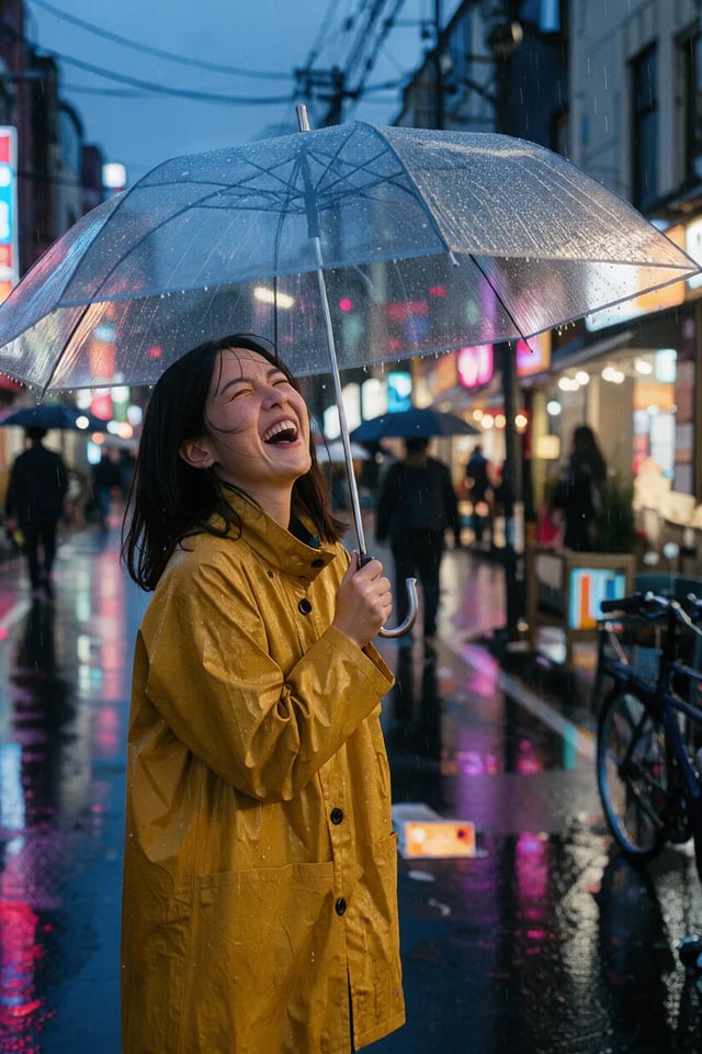 Young woman in a mustard raincoat laughing under a clear umbrella on a wet Tokyo side street at dusk with neon reflections, by FLUX 3 Klein