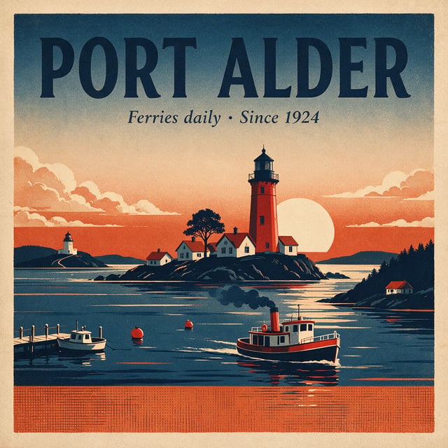 Screen-print poster reading PORT ALDER and Ferries daily · Since 1924, with a red lighthouse, a harbor and a steaming tugboat at sunset, by Seedream 5 Pro