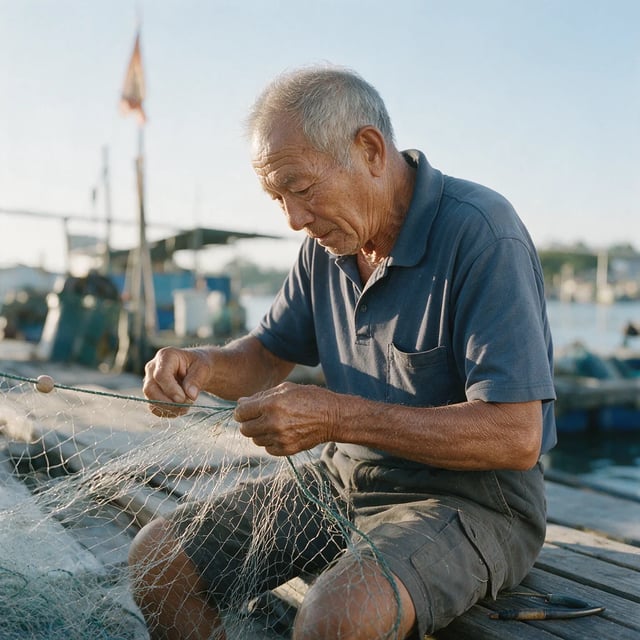 Elderly fisherman in a blue polo shirt mending a net on a wooden dock in bright sun, boats behind him, by Seedream 5 Pro