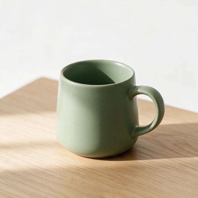 Matte sage green mug on a light oak table in soft light against a white background, by Seedream 5 Pro