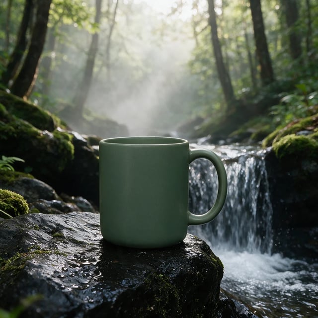 The uploaded sage mug, slightly darker green, on a mossy wet rock beside a forest waterfall in mist, by Seedream 5 Pro