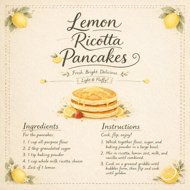 Recipe card titled Lemon Ricotta Pancakes with five numbered ingredients, three steps, a pancake stack and lemons in the corners, by Seedream 5 Pro