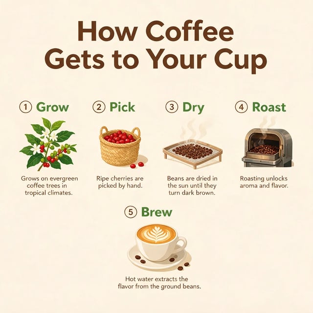 Infographic titled How Coffee Gets to Your Cup with five numbered steps, Grow, Pick, Dry, Roast and Brew, each with an illustration and a caption, by Seedream 5 Pro