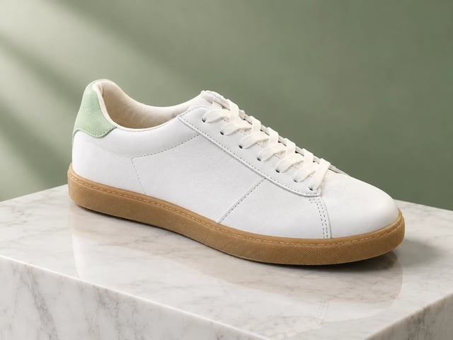The white sneaker standing on a white marble block in front of a sage green backdrop, lit from the left with a soft reflection