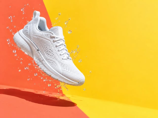 A white sneaker against a coral and yellow background with space for ad copy