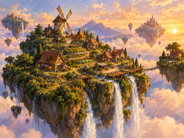 Concept art of a floating island village with waterfalls