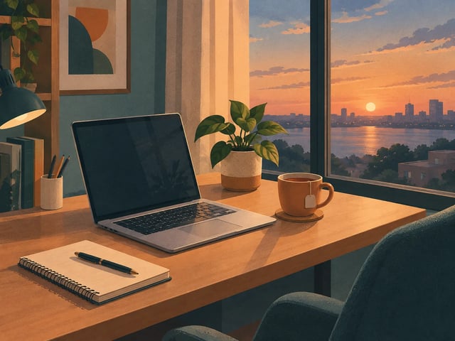 A flat illustration of a desk by a window at dusk
