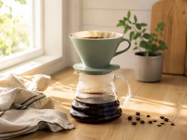 A pour-over coffee dripper on a kitchen counter in morning light