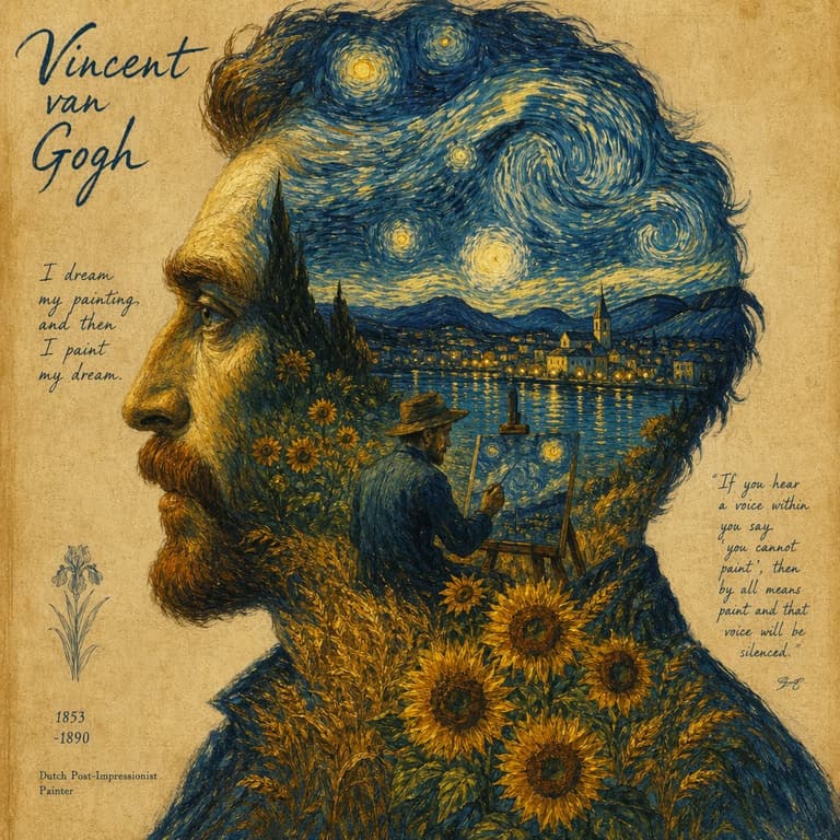 Van Gogh style double-exposure portrait with a starry landscape inside the silhouette
