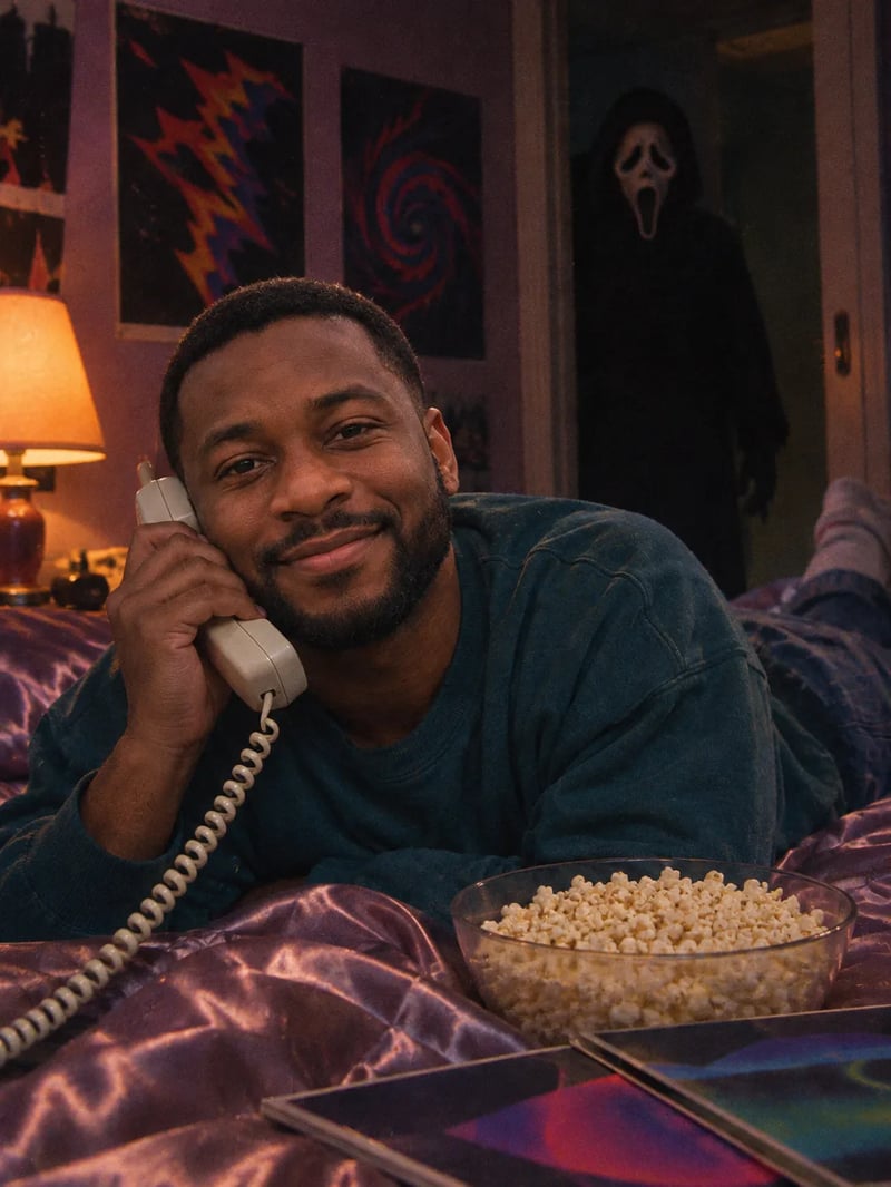 Bearded man on a satin bed talking on a corded phone with popcorn, Ghostface in the doorway behind him