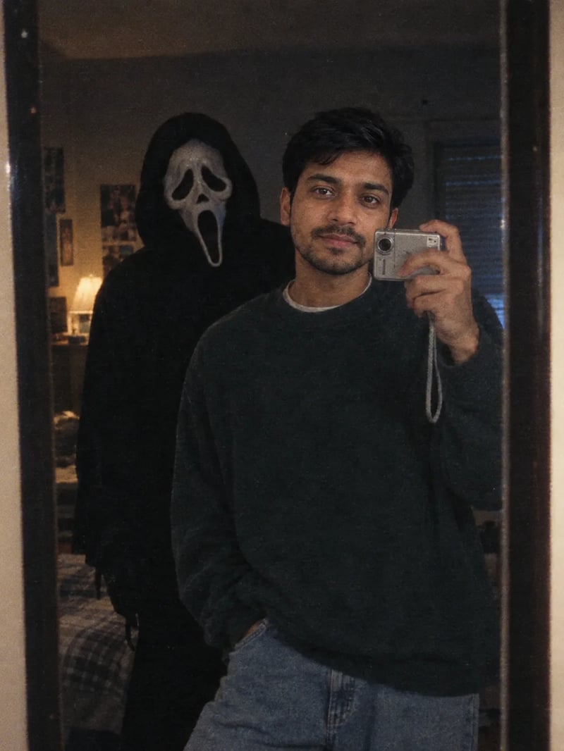 Man in a dark sweater taking a mirror selfie with a digital camera while Ghostface stands behind him in a dim bedroom
