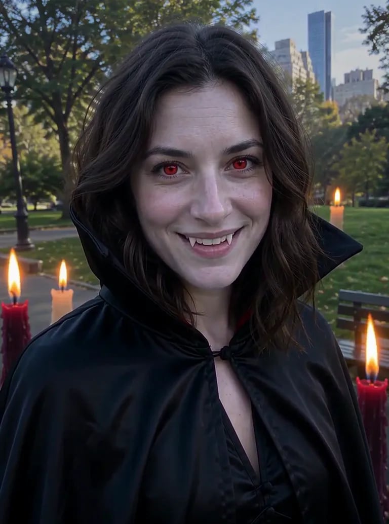 Finished transformation: a woman with red eyes and fangs in a black cape, candles lit around her outdoors