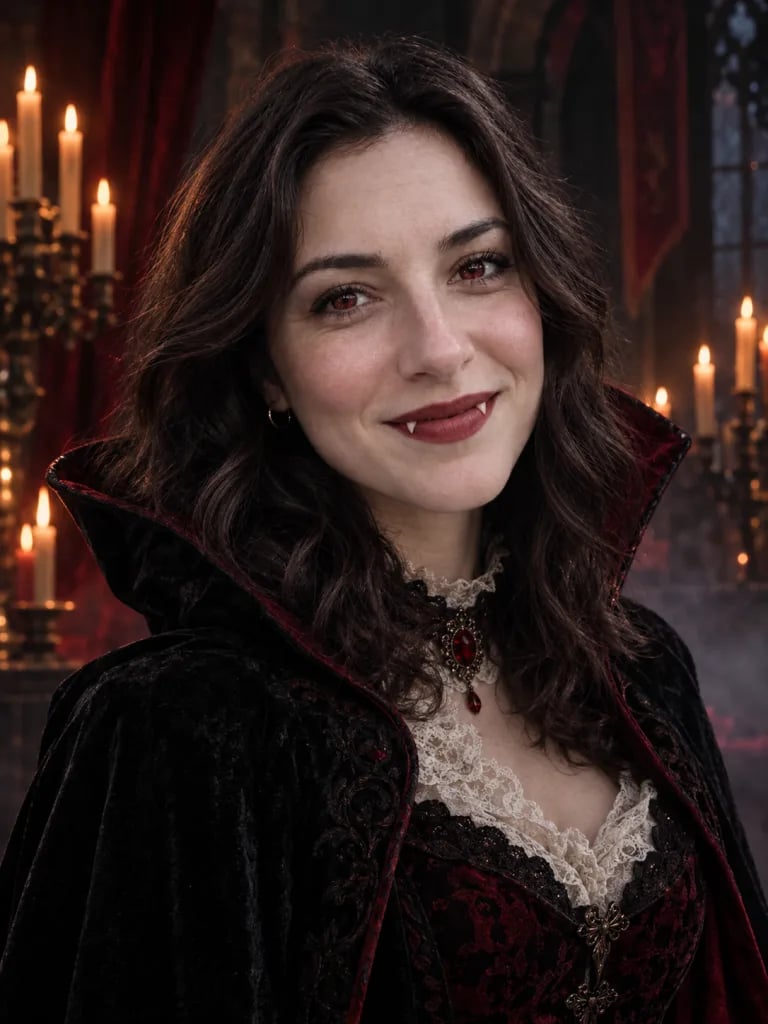 Woman as a vampire in a red-lined velvet cloak and lace collar, tall candles burning in a castle hall behind her