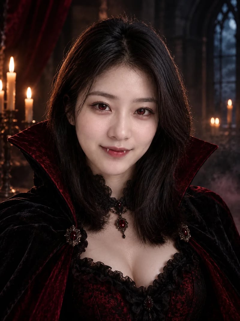 Woman as a gothic vampire in a red-lined high-collared cloak and a jewelled collar, candles behind her