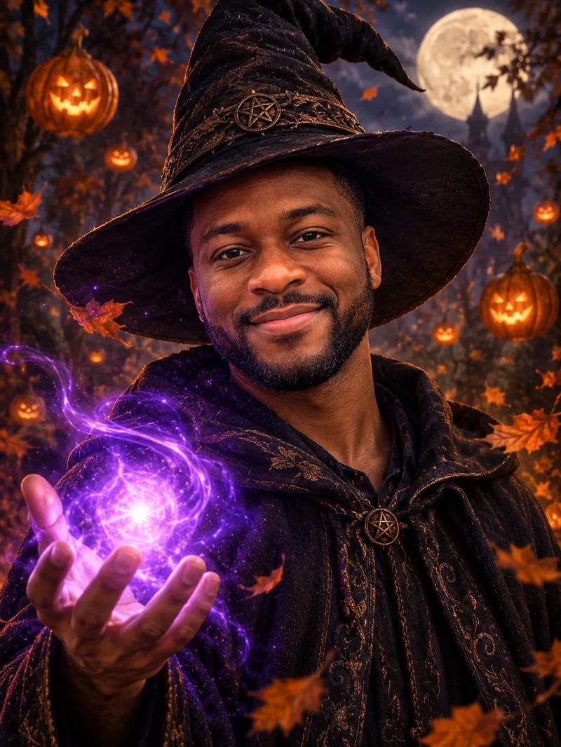 Bearded man as a witch in a pointed hat, a purple spell glowing in his hand among floating pumpkin lanterns