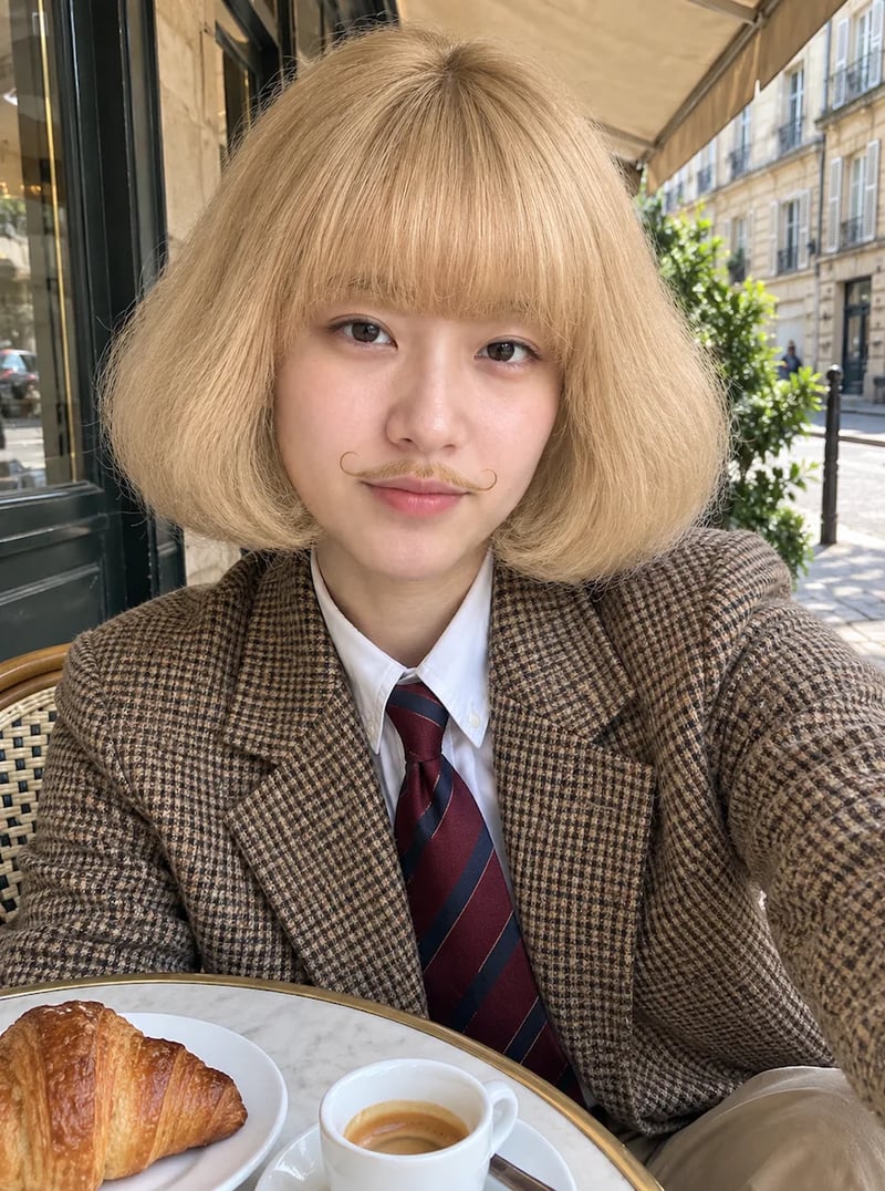 Femme au carré épais d'un blond pâle, avec une frange droite et des côtés gonflés, en selfie au café dans une veste pied-de-poule