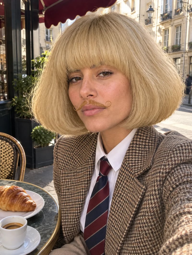 La même femme avec un grand carré blond bouffant, une moustache en croc et une veste pied-de-poule, en selfie impassible à une table de café