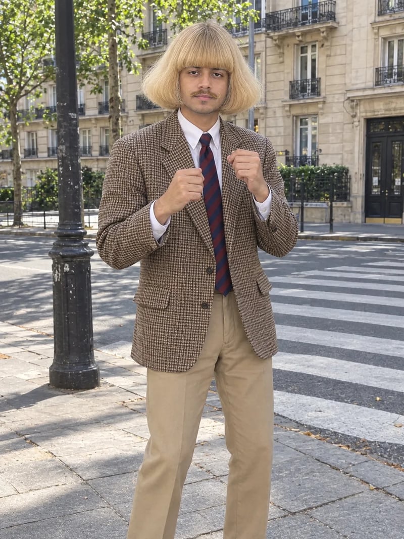 Homme en veste pied-de-poule et pantalon beige, avec un grand carré blond et une moustache en croc, poings levés à côté d'un passage piéton